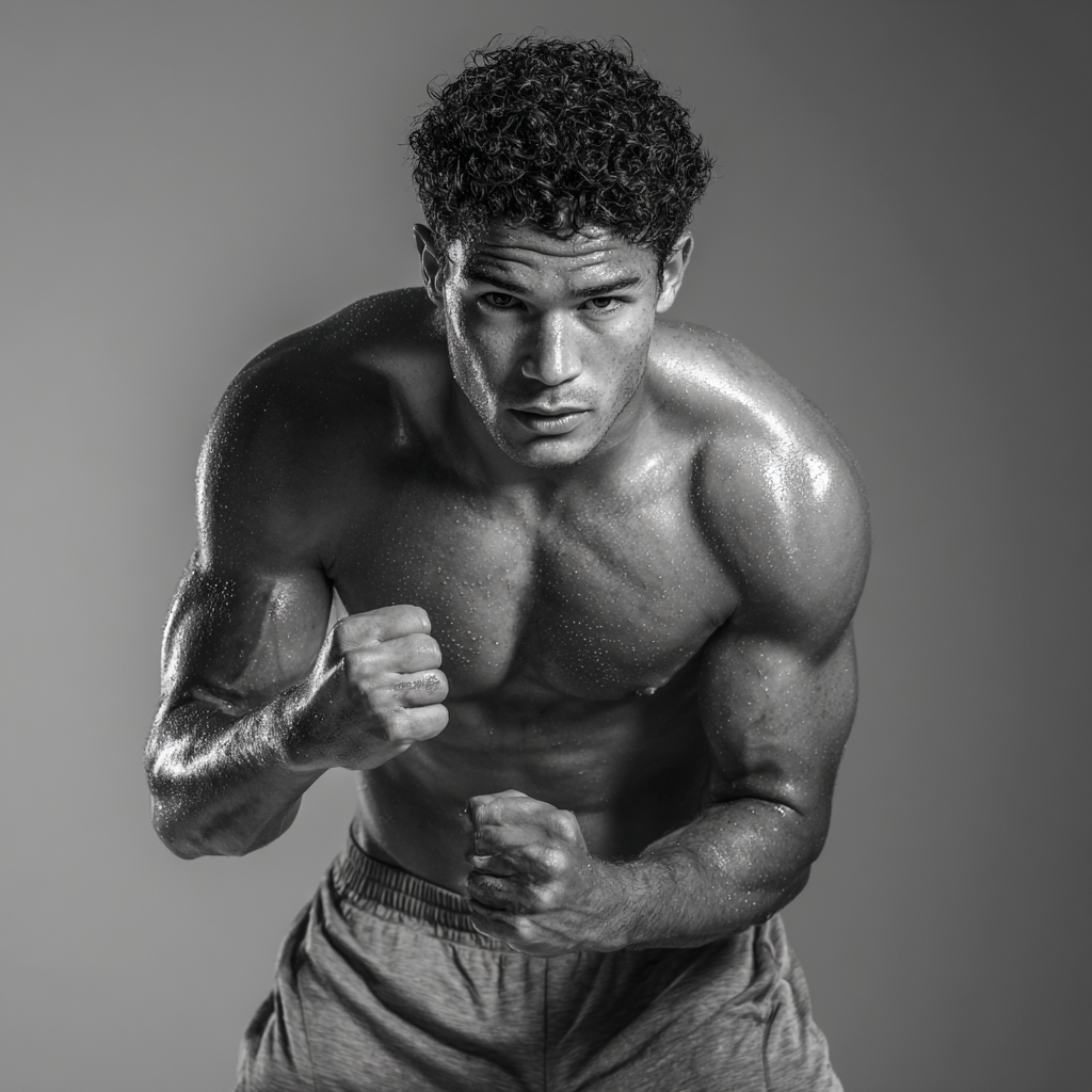 Confident man in athletic pose showing determination and strength during workout session