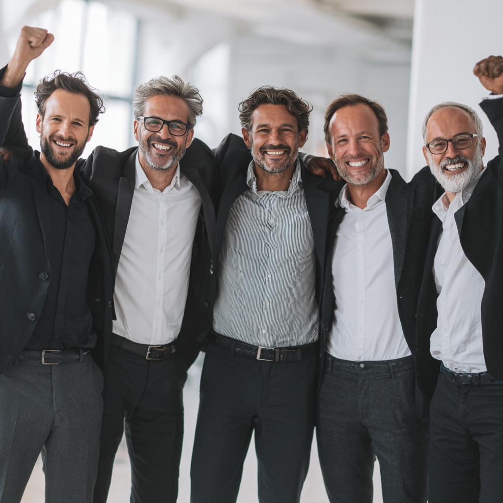 Group of successful men celebrating achievement after completing intensive personal development program together