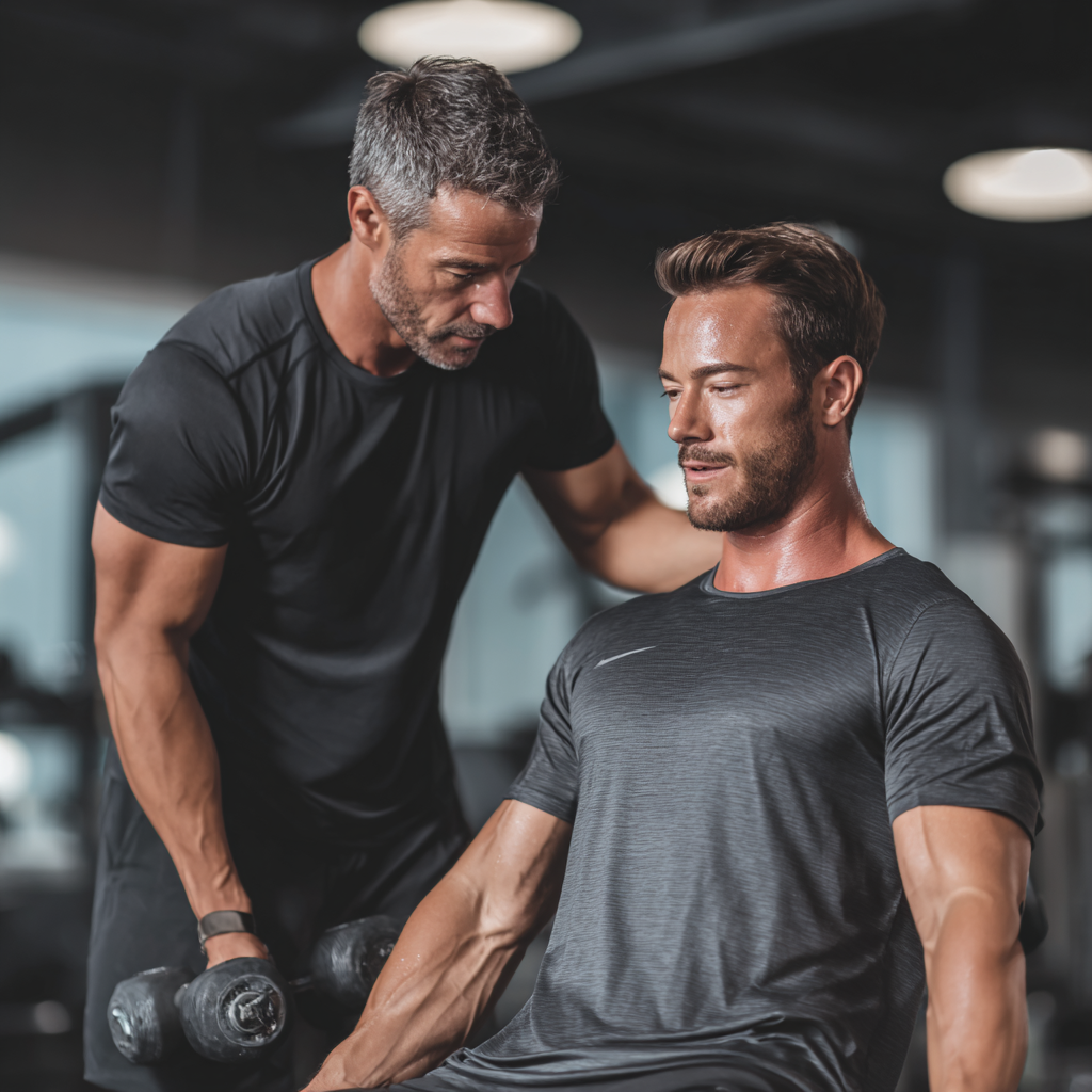 Professional fitness trainer demonstrating proper exercise form to motivated male client in modern gym environment